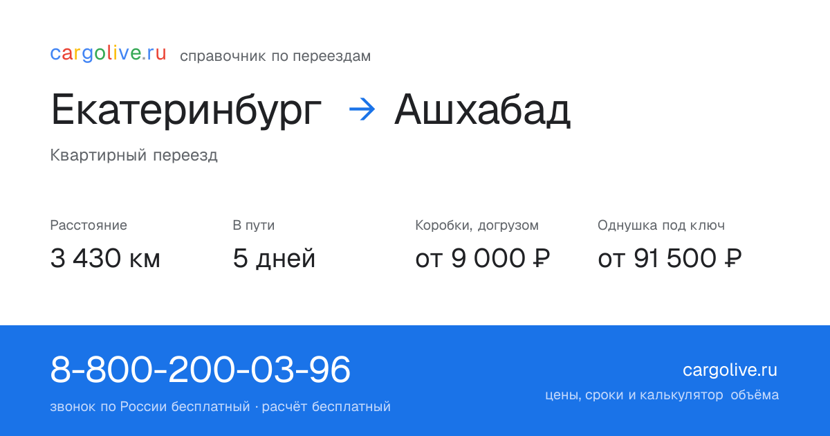Переезд из Екатеринбурга в Ашхабад: 3 430 км, 5 дней в пути, от 9 000 ₽