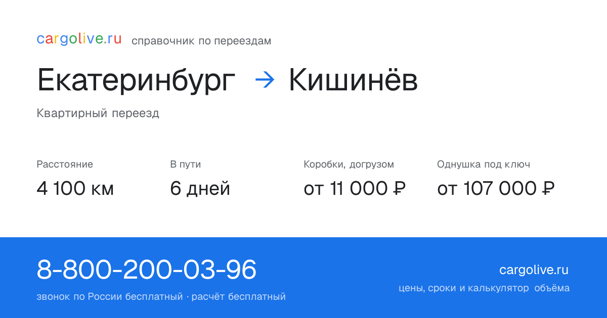 Переезд из Екатеринбурга в Кишинёв: 4 100 км, 6 дней в пути, от 11 000 ₽