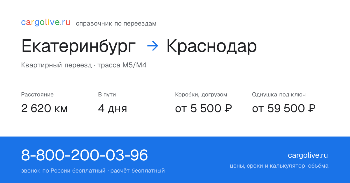 Переезд из Екатеринбурга в Краснодар: 2 620 км, 4 дня в пути, от 5 500 ₽