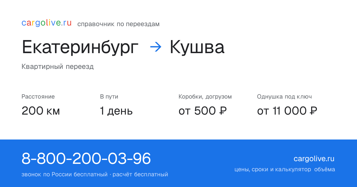 Переезд из Екатеринбурга в Кушву: 200 км, 1 день в пути, от 2 000 ₽