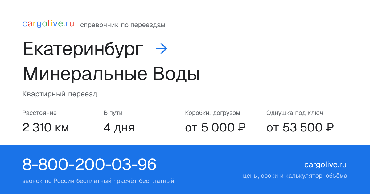 Переезд из Екатеринбурга в Минеральные Воды: 2 310 км, 4 дня в пути, от 5 000 ₽