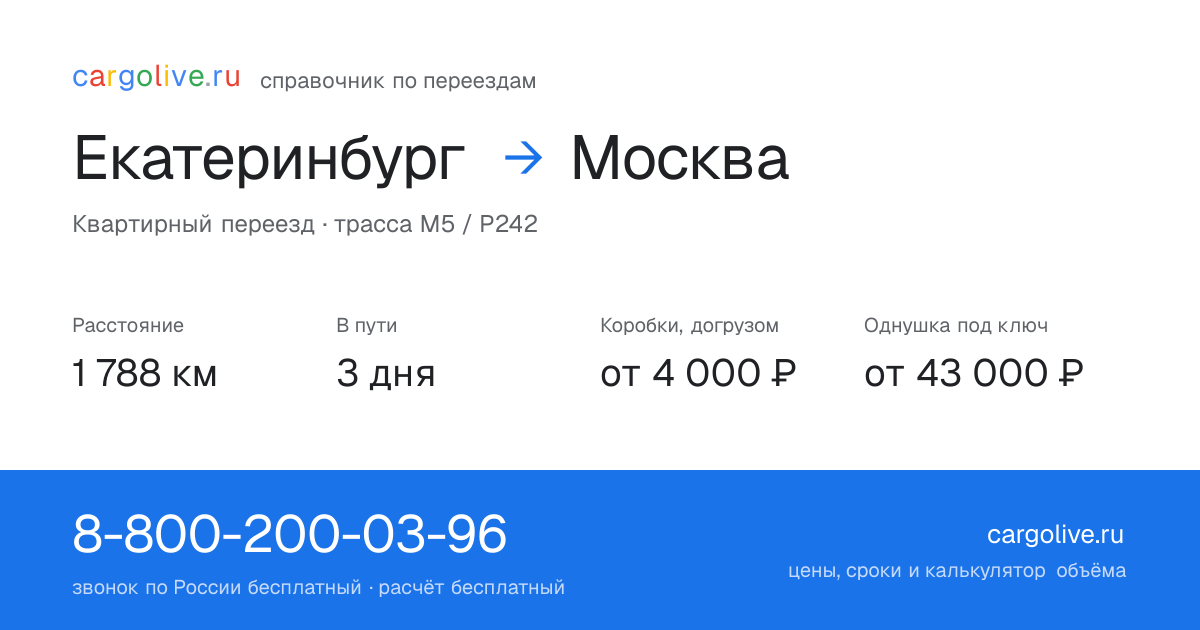 Переезд из Екатеринбурга в Москву: 1 788 км, 3 дня в пути, от 4 000 ₽