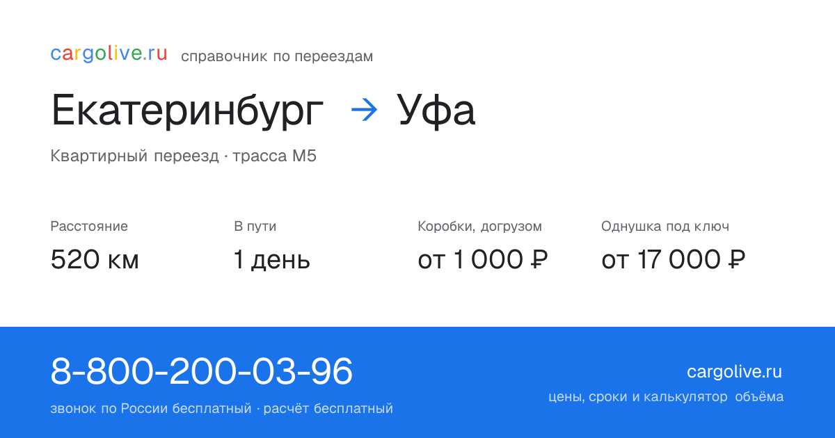 Переезд из Екатеринбурга в Уфу: 520 км, 1 день в пути, от 2 000 ₽