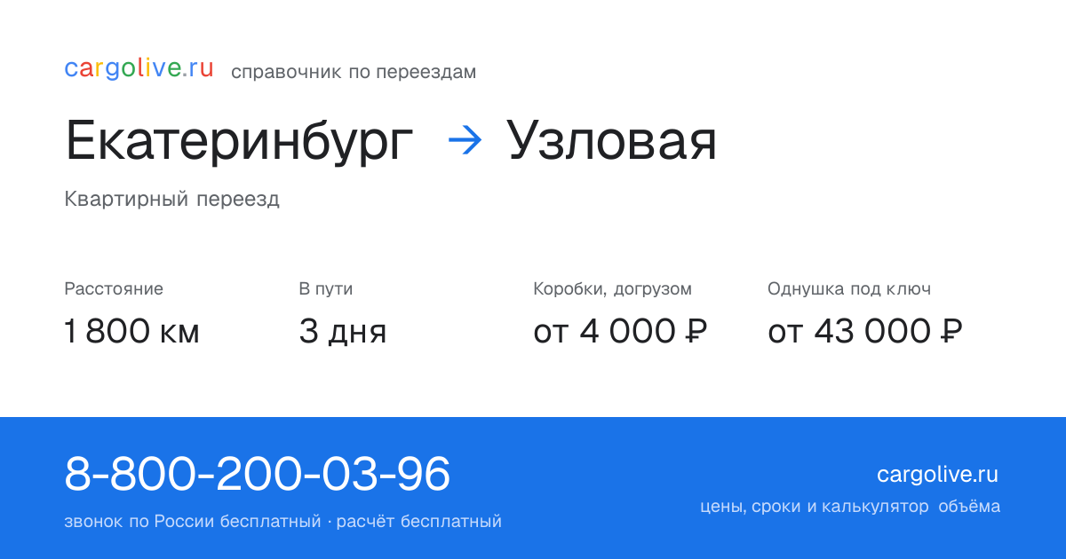 Переезд из Екатеринбурга в Узловую: 1 800 км, 3 дня в пути, от 4 000 ₽