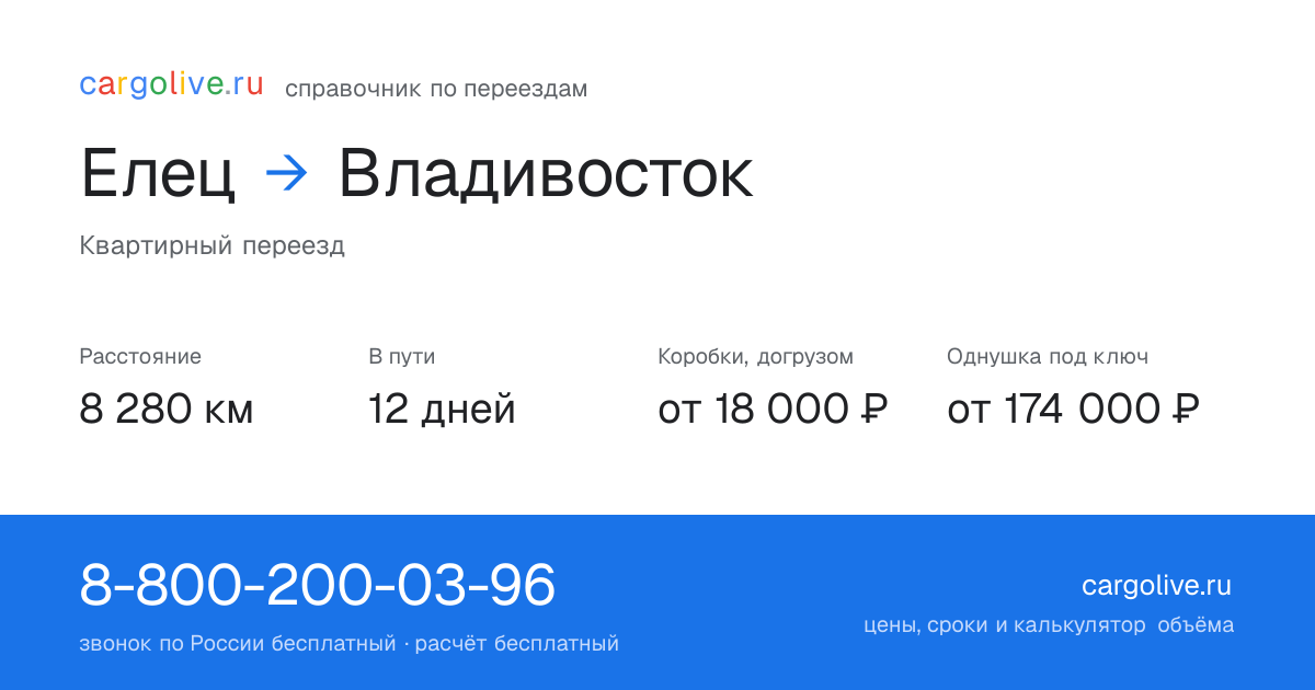 Переезд из Елеца во Владивосток: 8 280 км, 12 дней в пути, от 18 000 ₽