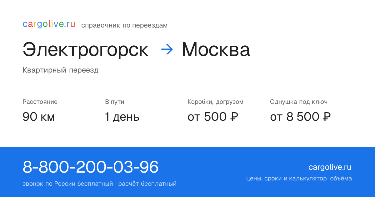 Переезд из Электрогорска в Москву: 90 км, 1 день в пути, от 2 000 ₽
