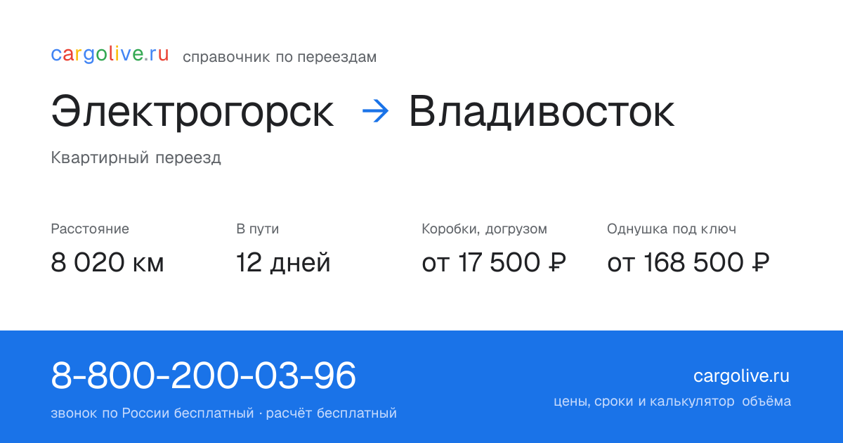 Переезд из Электрогорска во Владивосток: 8 020 км, 12 дней в пути, от 17 500 ₽