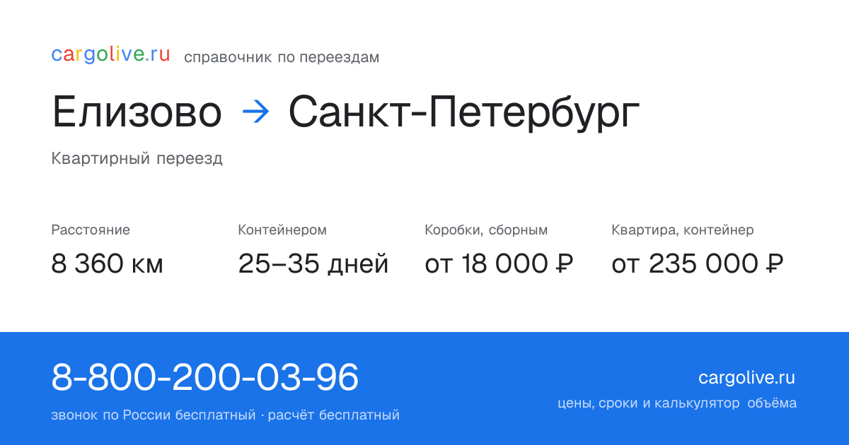 Переезд из Елизова в Санкт-Петербург: 8 360 км, контейнером 25–35 дней, от 18 000 ₽