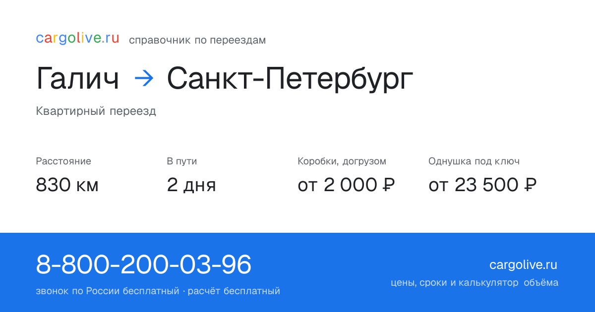 Переезд из Галича в Санкт-Петербург: 830 км, 2 дня в пути, от 2 000 ₽