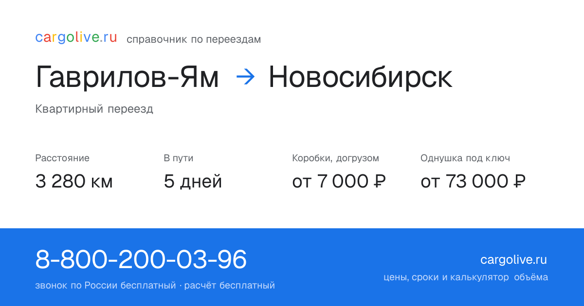 Переезд из Гаврилова-Яма в Новосибирск: 3 280 км, 5 дней в пути, от 7 000 ₽