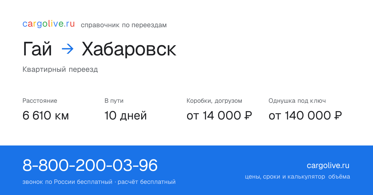 Переезд из Гая в Хабаровск: 6 610 км, 10 дней в пути, от 14 000 ₽