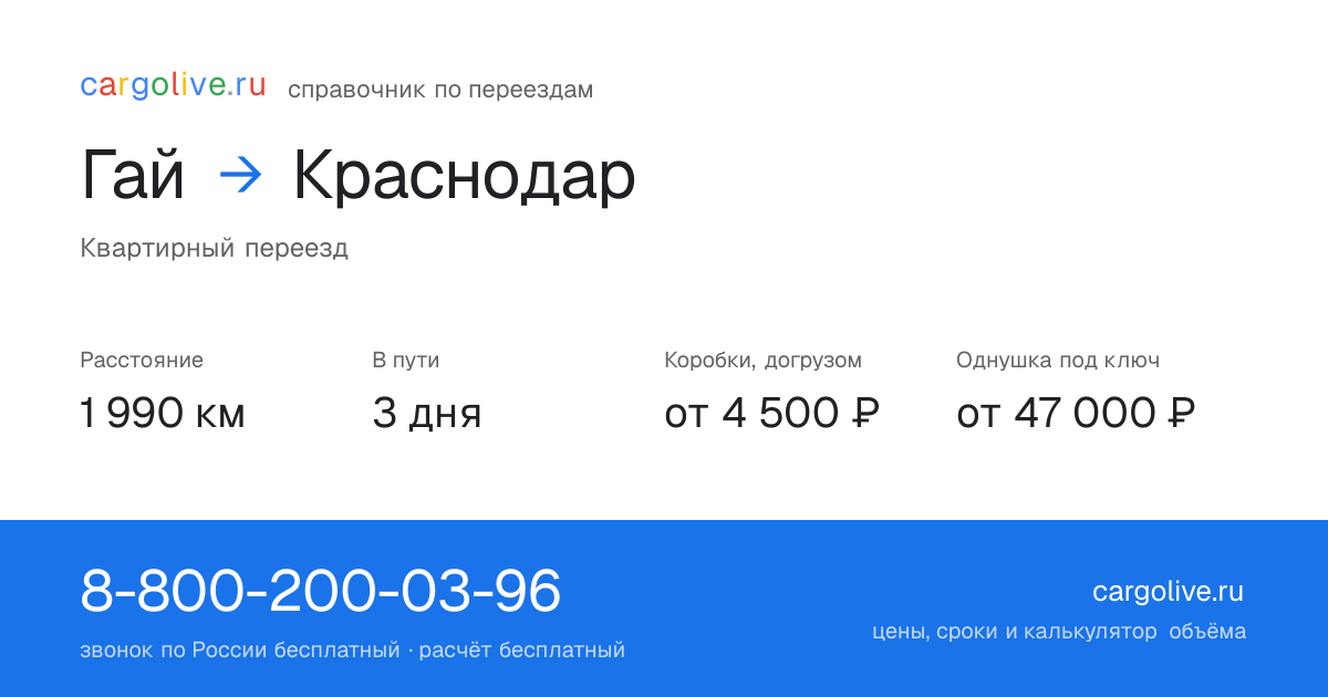 Переезд из Гая в Краснодар: 1 990 км, 3 дня в пути, от 4 500 ₽