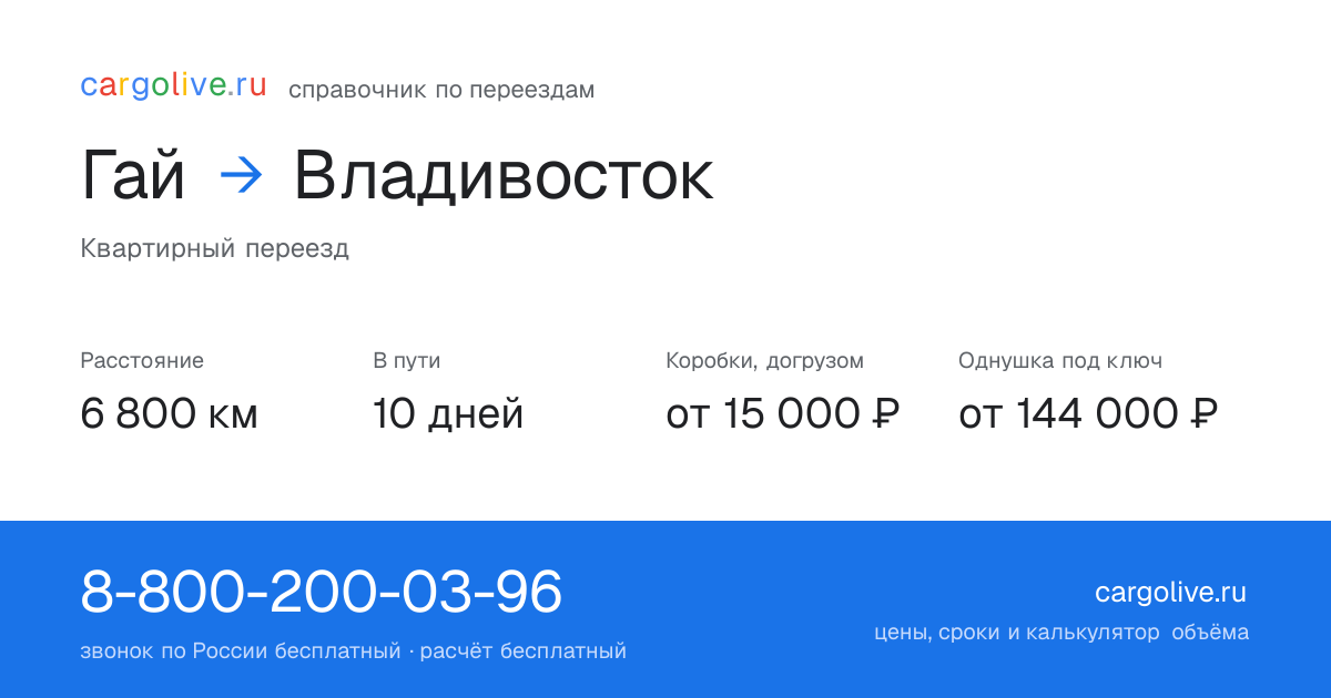 Переезд из Гая во Владивосток: 6 800 км, 10 дней в пути, от 15 000 ₽