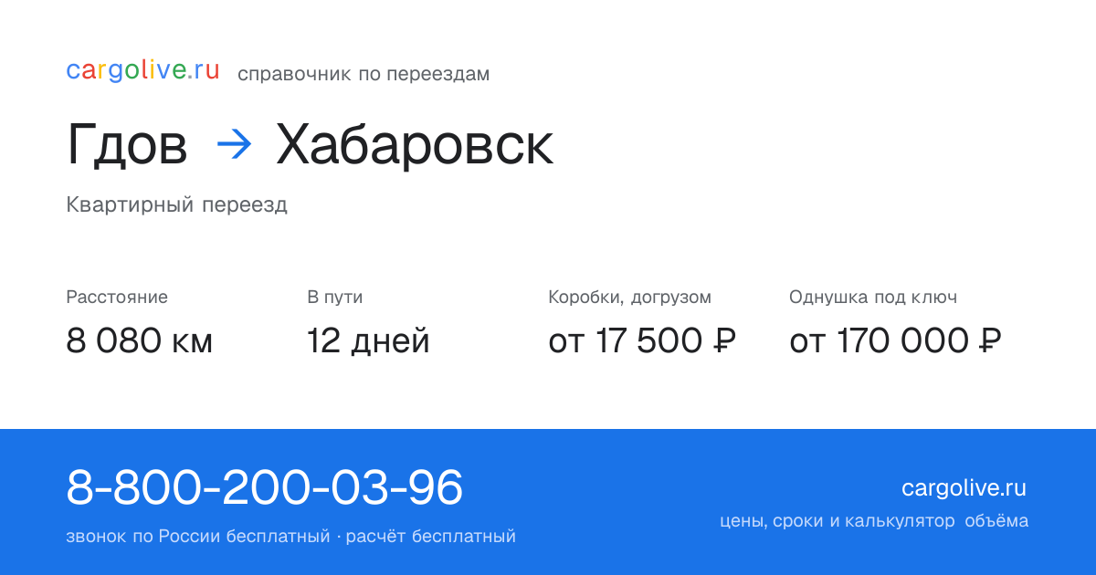 Переезд из Гдова в Хабаровск: 8 080 км, 12 дней в пути, от 17 500 ₽