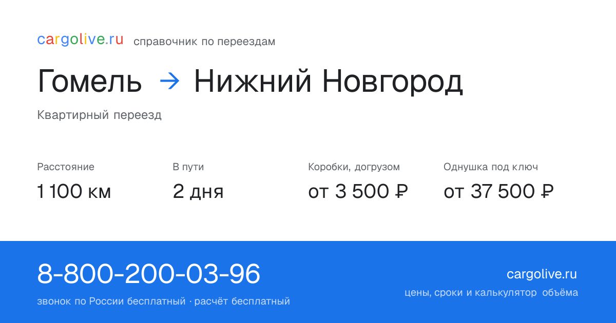 Переезд из Гомеля в Нижний Новгород: 1 100 км, 2 дня в пути, от 3 500 ₽