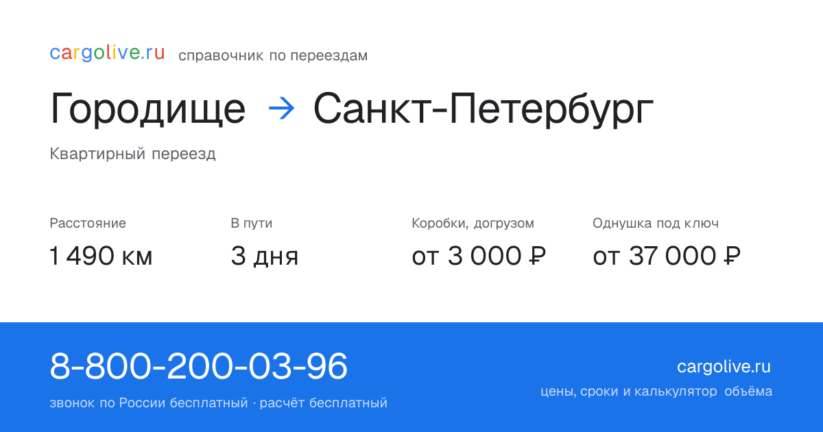 Переезд из Городище в Санкт-Петербург: 1 490 км, 3 дня в пути, от 3 000 ₽