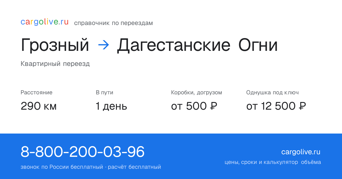 Переезд из Грозного в Дагестанские Огни: 290 км, 1 день в пути, от 2 000 ₽