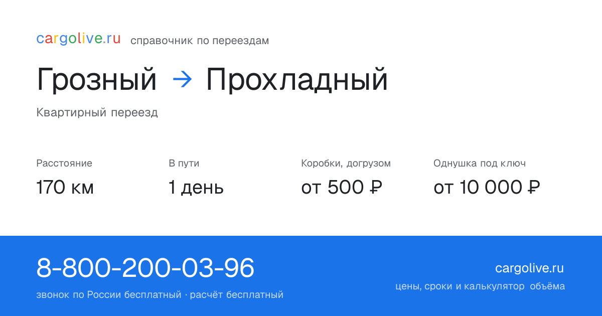 Переезд из Грозного в Прохладный: 170 км, 1 день в пути, от 2 000 ₽