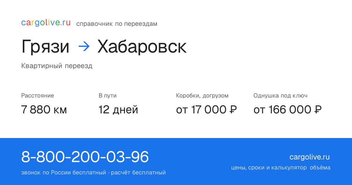 Переезд из Грязей в Хабаровск: 7 880 км, 12 дней в пути, от 17 000 ₽