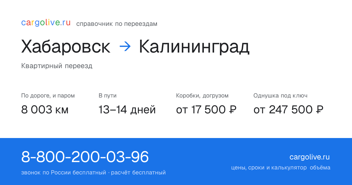 Переезд из Хабаровска в Калининград: 8 003 км по дороге и паром, 13–14 дней в пути, от 17 500 ₽