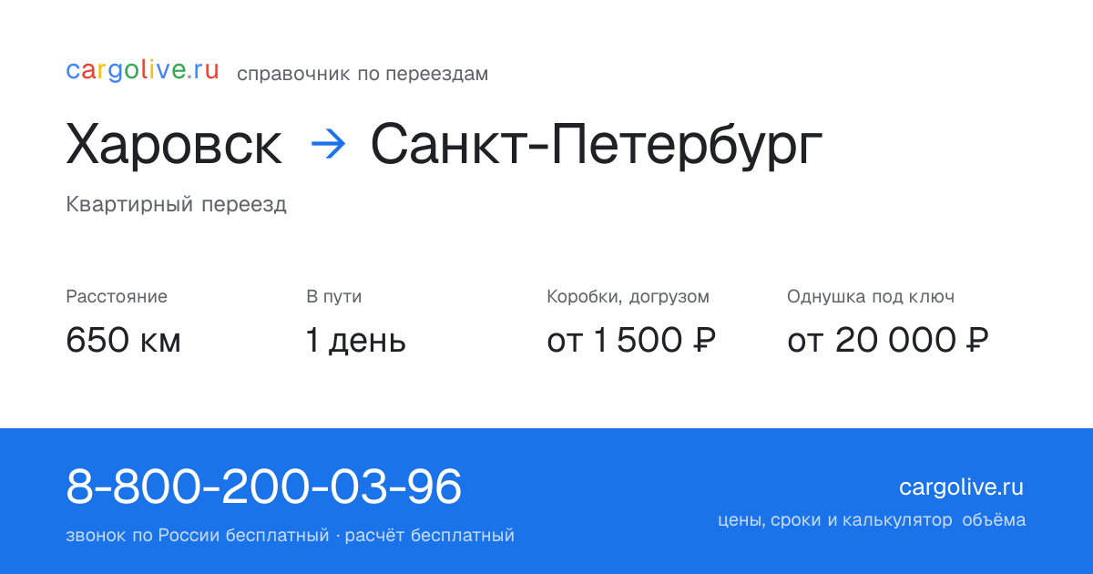 Переезд из Харовска в Санкт-Петербург: 650 км, 1 день в пути, от 2 000 ₽