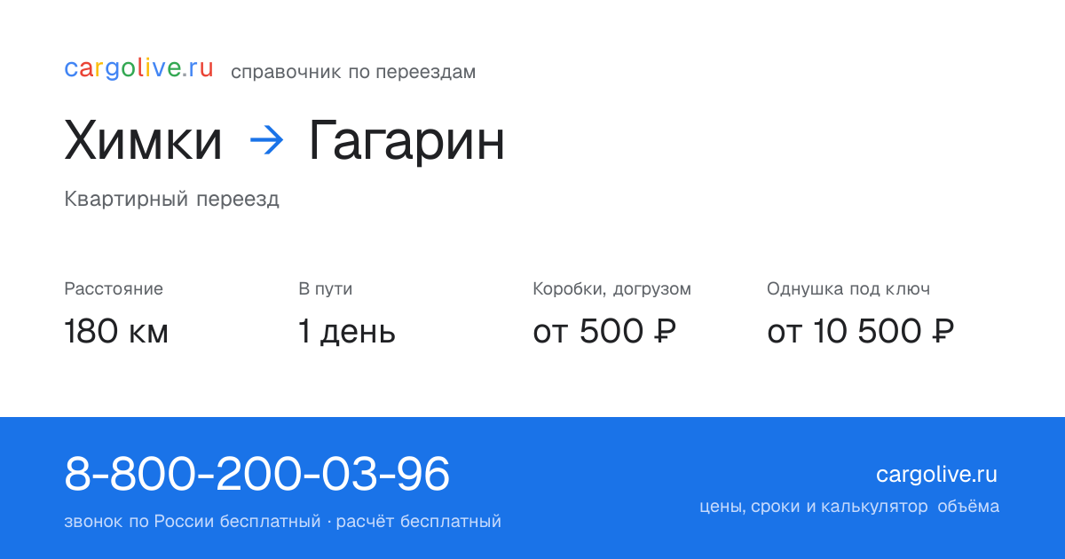Переезд из Химок в Гагарин: 180 км, 1 день в пути, от 2 000 ₽
