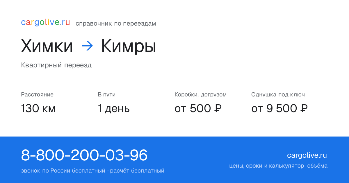 Переезд из Химок в Кимры: 130 км, 1 день в пути, от 2 000 ₽