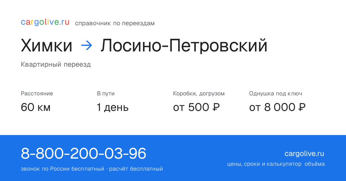 Переезд из Химок в Лосино-Петровский: 60 км, 1 день в пути, от 2 000 ₽