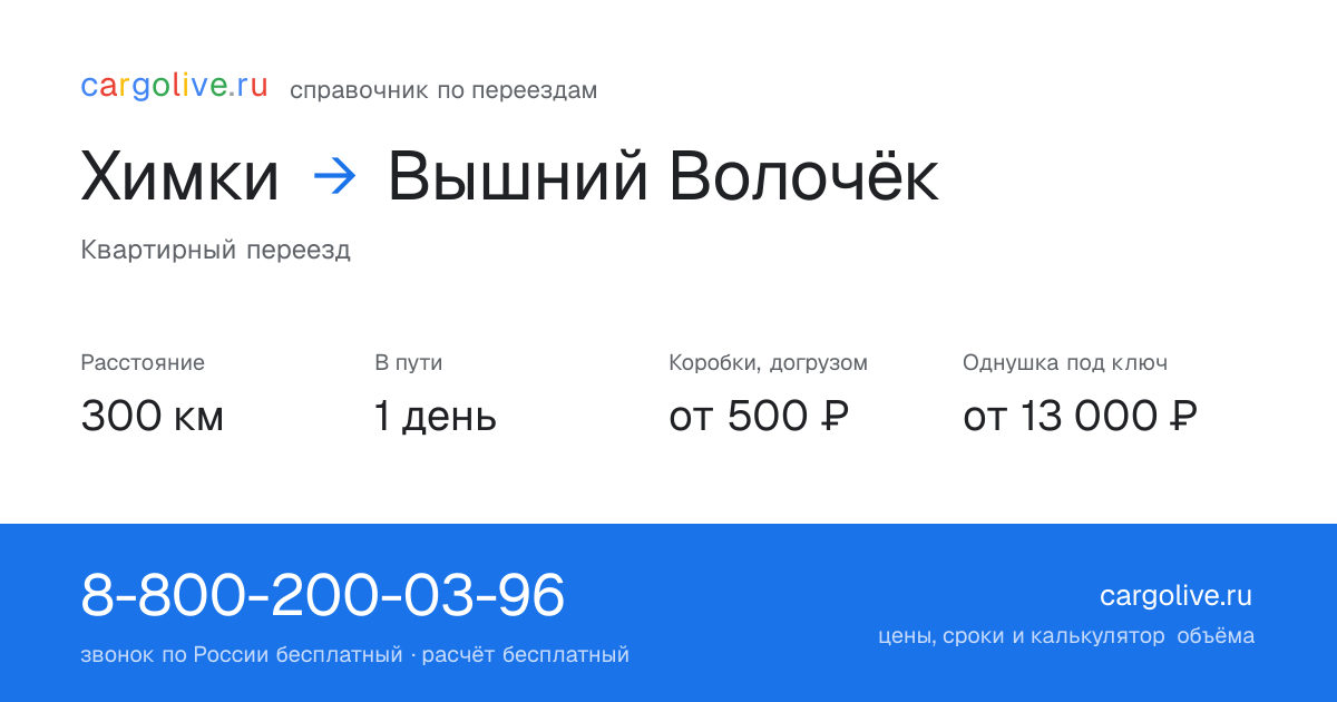 Переезд из Химок в Вышний Волочёк: 300 км, 1 день в пути, от 2 000 ₽