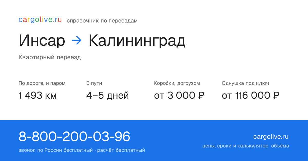Переезд из Инсара в Калининград: 1 493 км по дороге и паром, 4–5 дней в пути, от 3 000 ₽