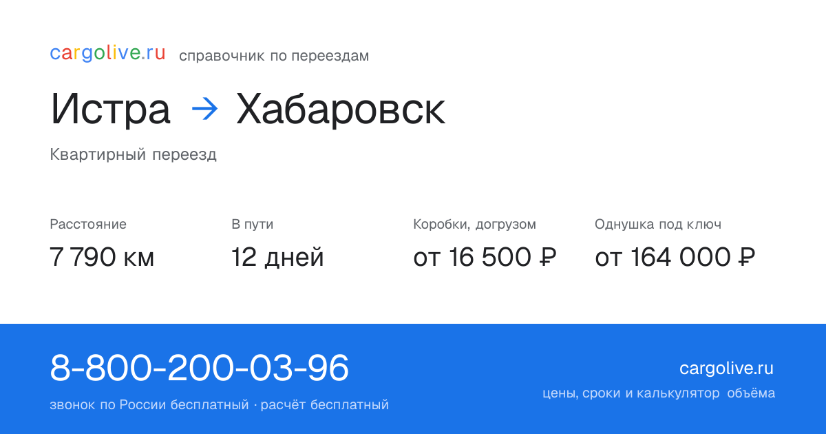 Переезд из Истры в Хабаровск: 7 790 км, 12 дней в пути, от 16 500 ₽
