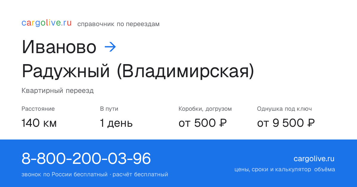 Переезд из Иванова в Радужный (Владимирская): 140 км, 1 день в пути, от 2 000 ₽