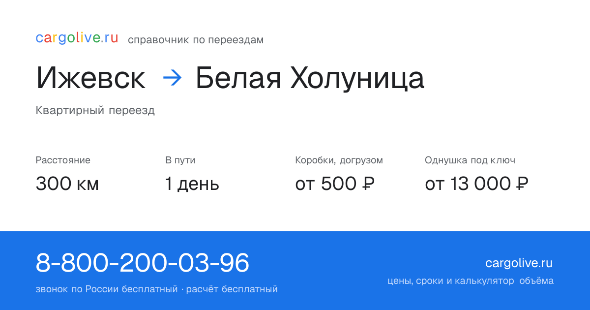 Переезд из Ижевска в Белую Холуницу: 300 км, 1 день в пути, от 2 000 ₽