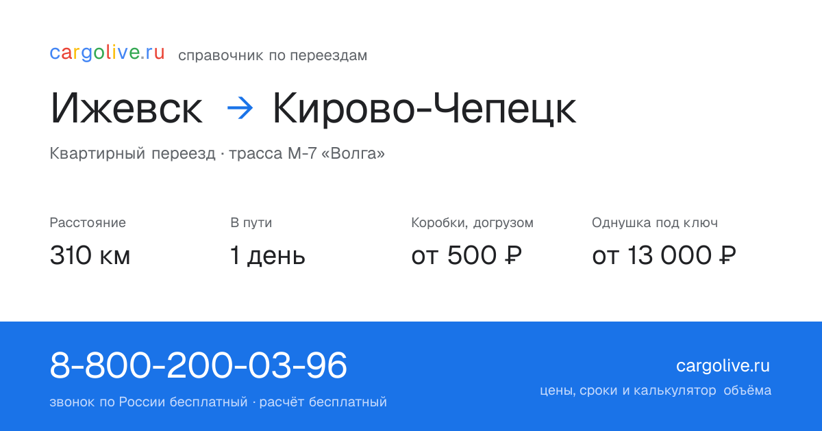 Переезд из Ижевска в Кирово-Чепецк: 310 км, 1 день в пути, от 2 000 ₽