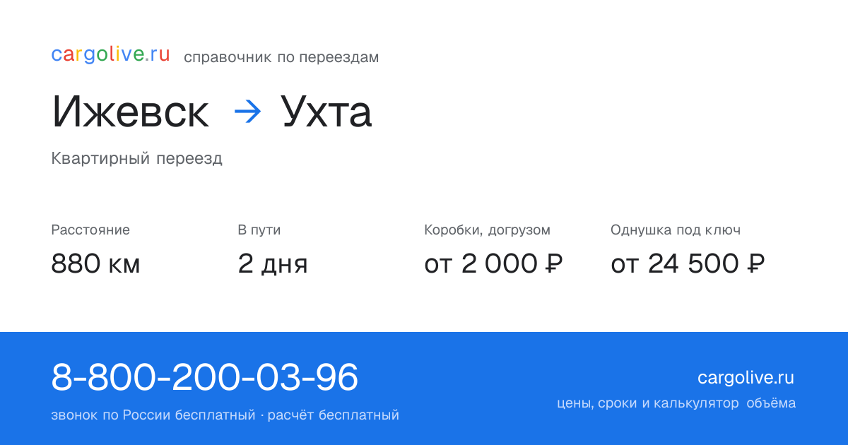Переезд из Ижевска в Ухту: 880 км, 2 дня в пути, от 2 000 ₽