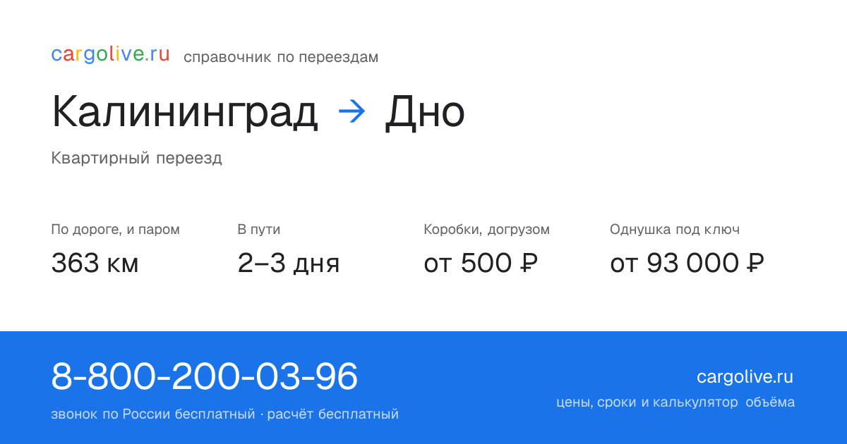 Переезд из Калининграда в Дно: 363 км по дороге и паром, 2–3 дня в пути, от 2 000 ₽