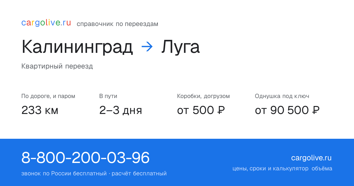 Переезд из Калининграда в Лугу: 233 км по дороге и паром, 2–3 дня в пути, от 2 000 ₽