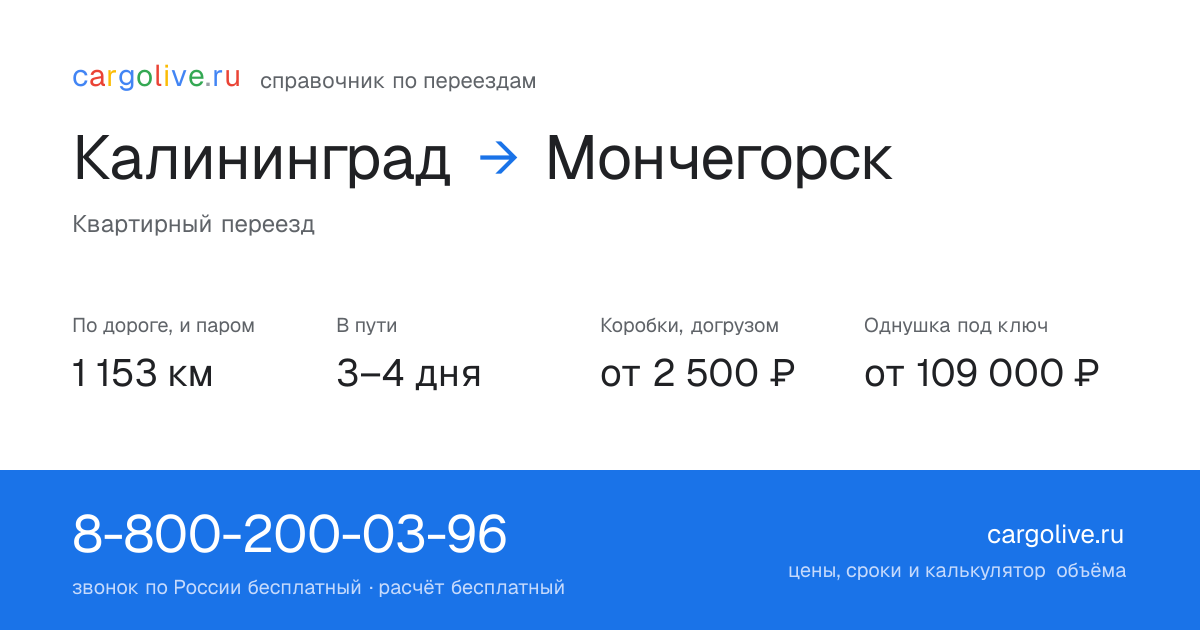 Переезд из Калининграда в Мончегорск: 1 153 км по дороге и паром, 3–4 дня в пути, от 2 500 ₽