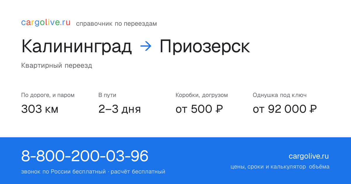 Переезд из Калининграда в Приозерск: 303 км по дороге и паром, 2–3 дня в пути, от 2 000 ₽