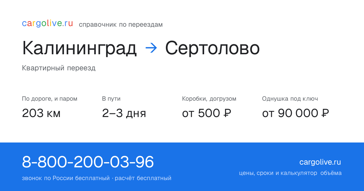Переезд из Калининграда в Сертолово: 203 км по дороге и паром, 2–3 дня в пути, от 2 000 ₽