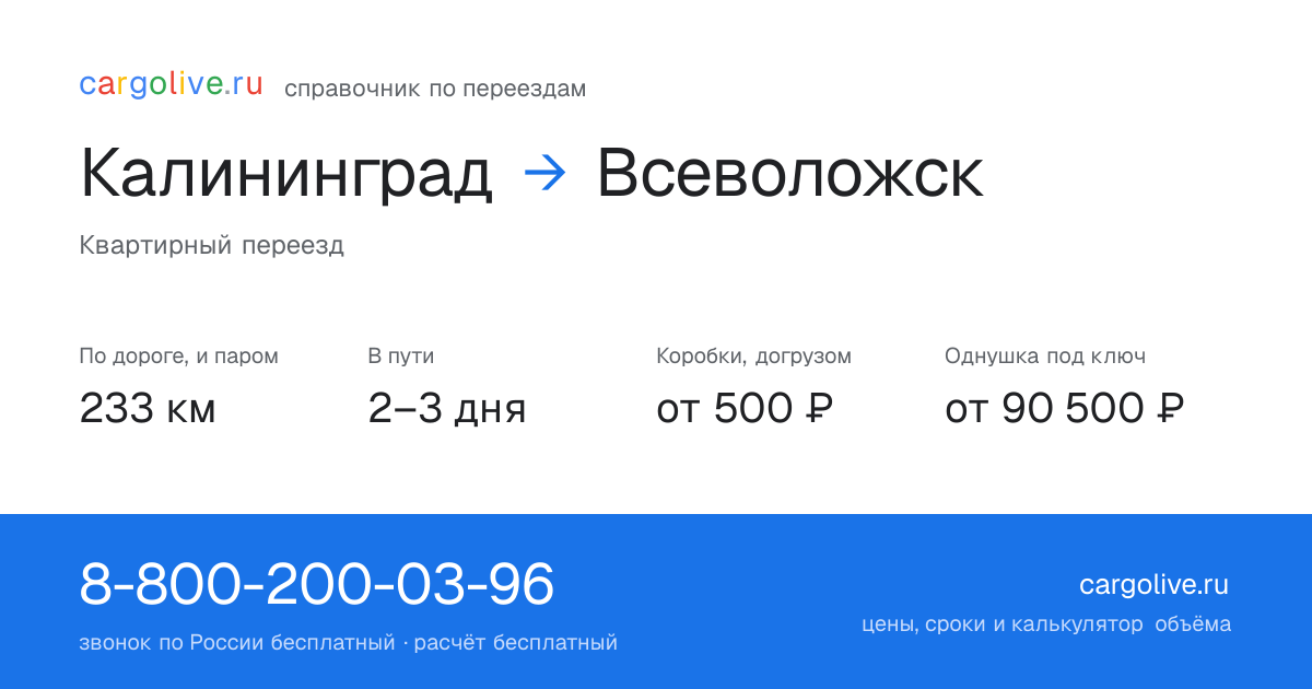Переезд из Калининграда во Всеволожск: 233 км по дороге и паром, 2–3 дня в пути, от 2 000 ₽