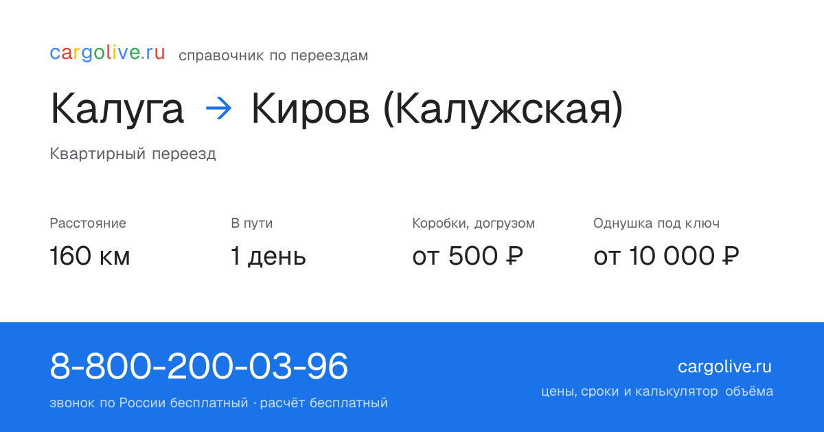 Переезд из Калуги в Киров (Калужская): 160 км, 1 день в пути, от 2 000 ₽