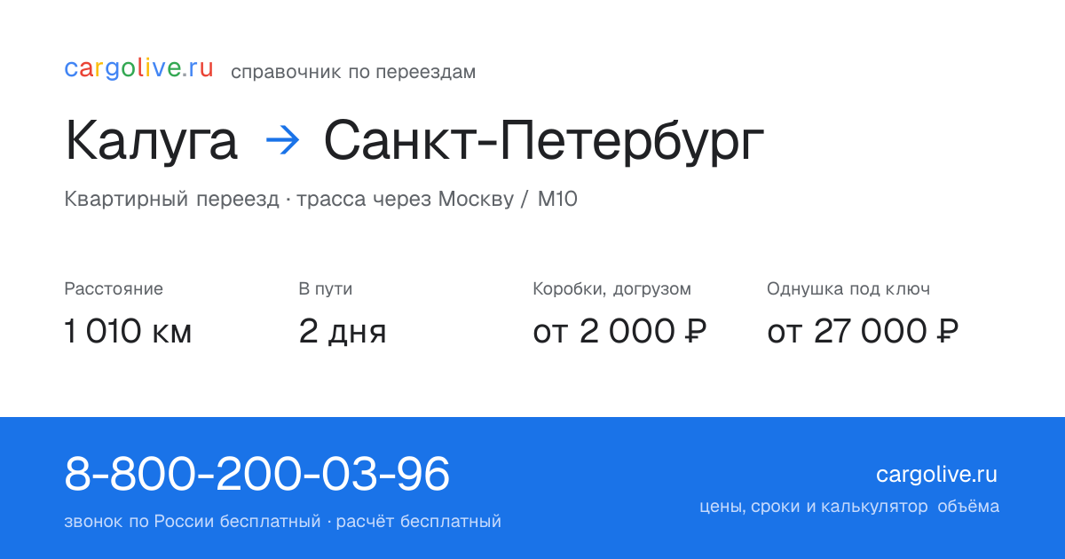 Переезд из Калуги в Санкт-Петербург: 1 010 км, 2 дня в пути, от 2 000 ₽