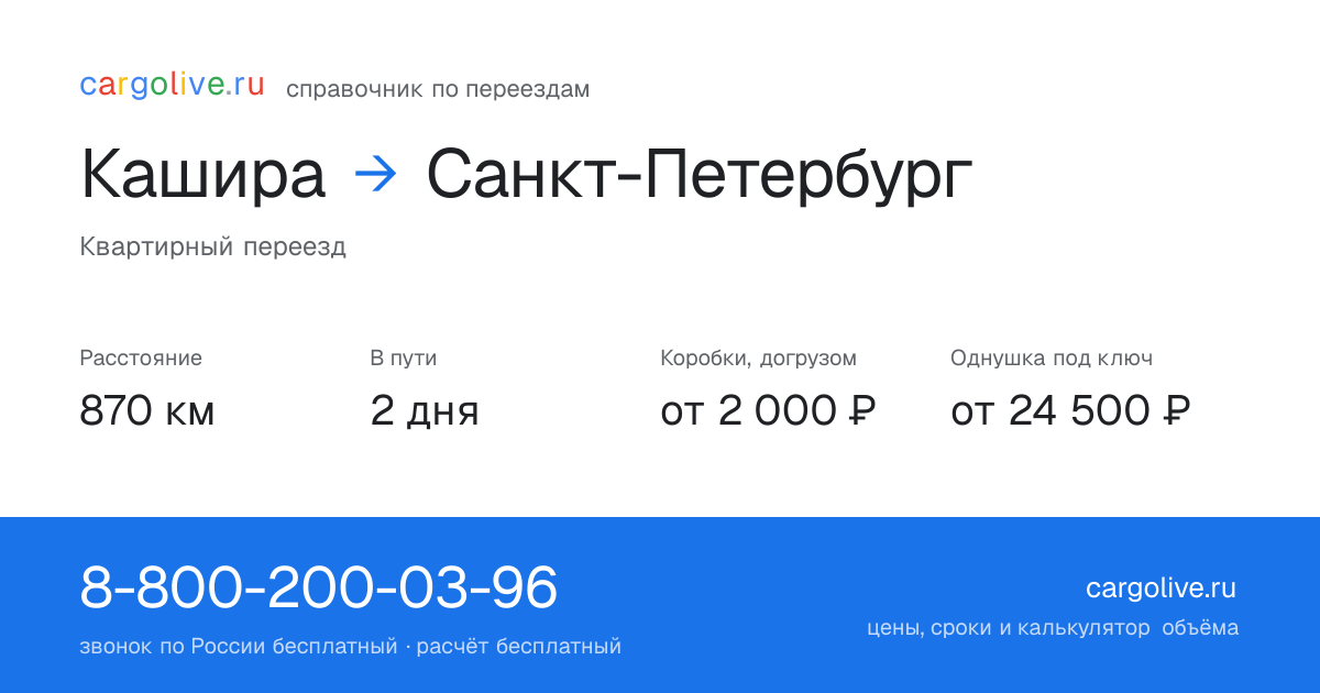 Переезд из Каширы в Санкт-Петербург: 870 км, 2 дня в пути, от 2 000 ₽