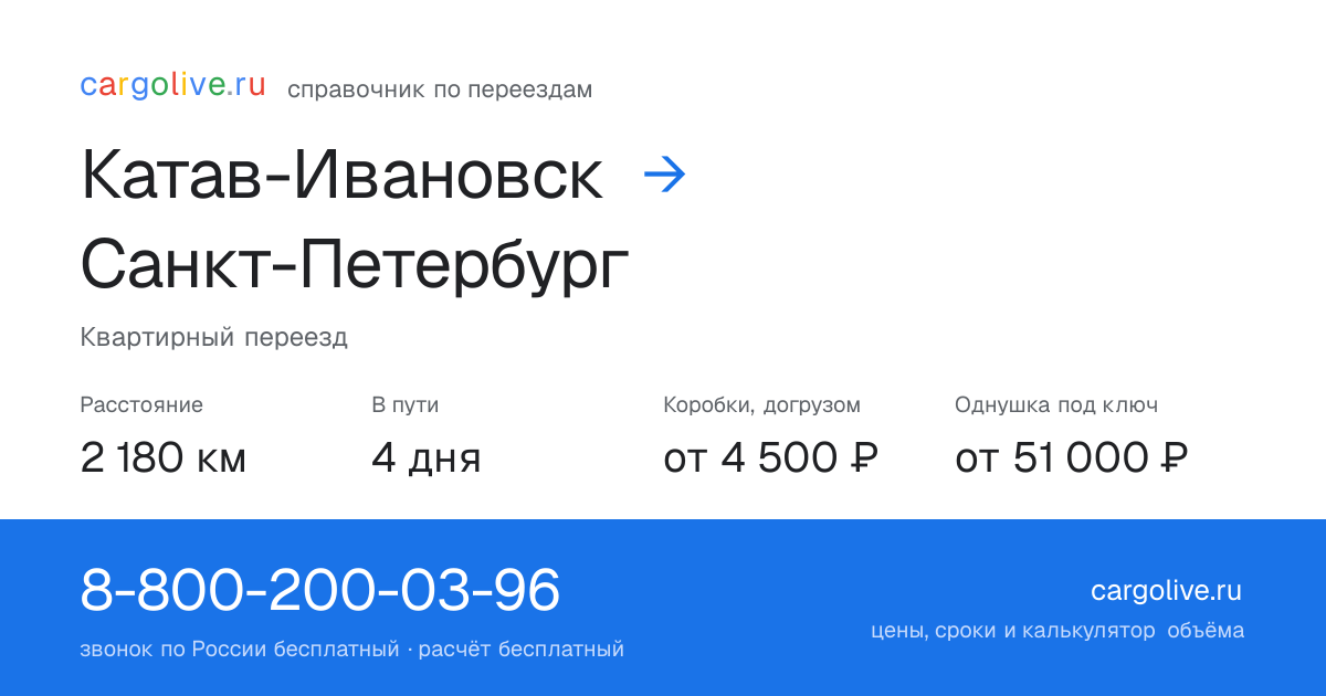 Переезд из Катава-Ивановска в Санкт-Петербург: 2 180 км, 4 дня в пути, от 4 500 ₽