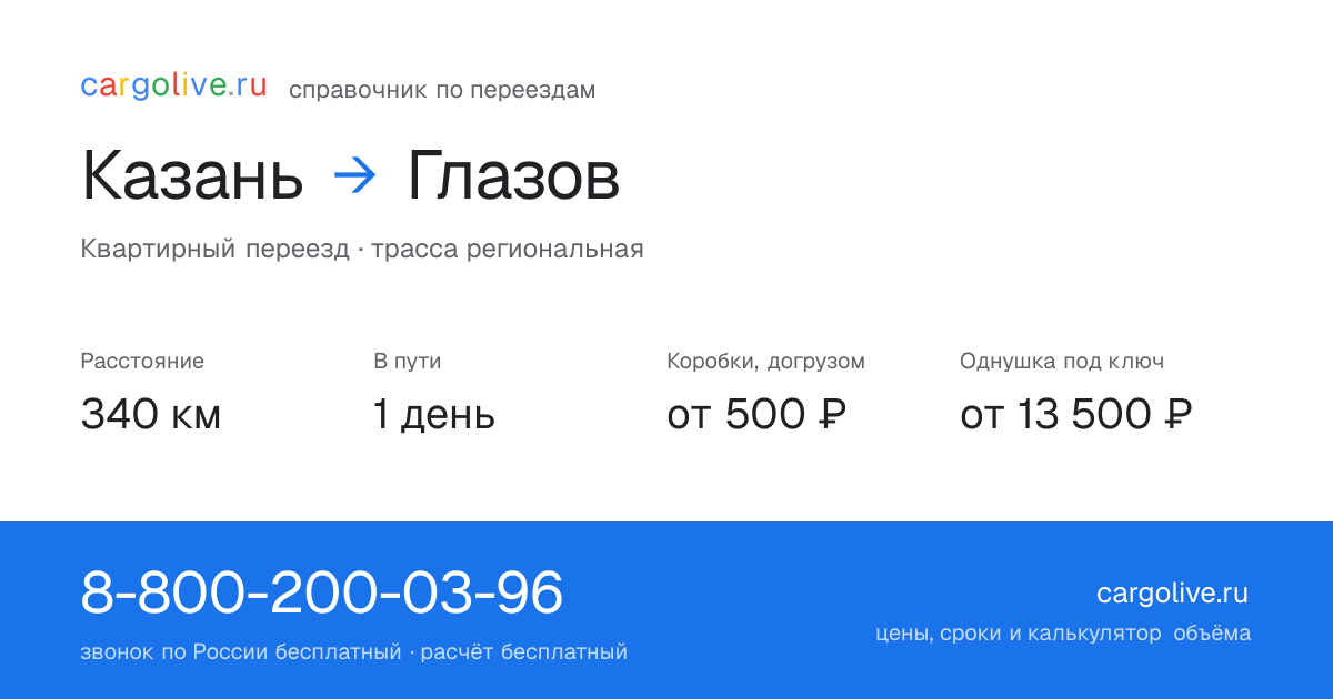 Переезд из Казани в Глазов: 340 км, 1 день в пути, от 2 000 ₽
