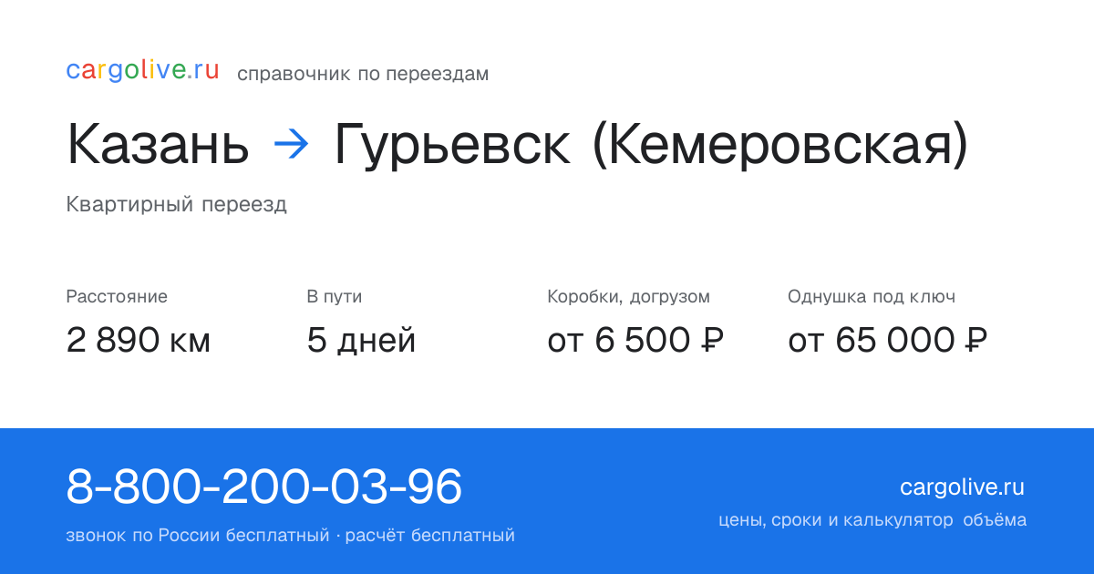 Переезд из Казани в Гурьевск (Кемеровская): 2 890 км, 5 дней в пути, от 6 500 ₽