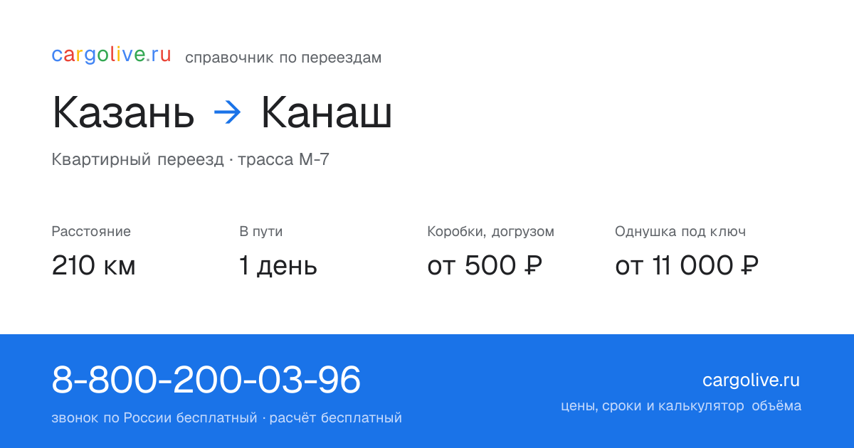 Переезд из Казани в Канаш: 210 км, 1 день в пути, от 2 000 ₽