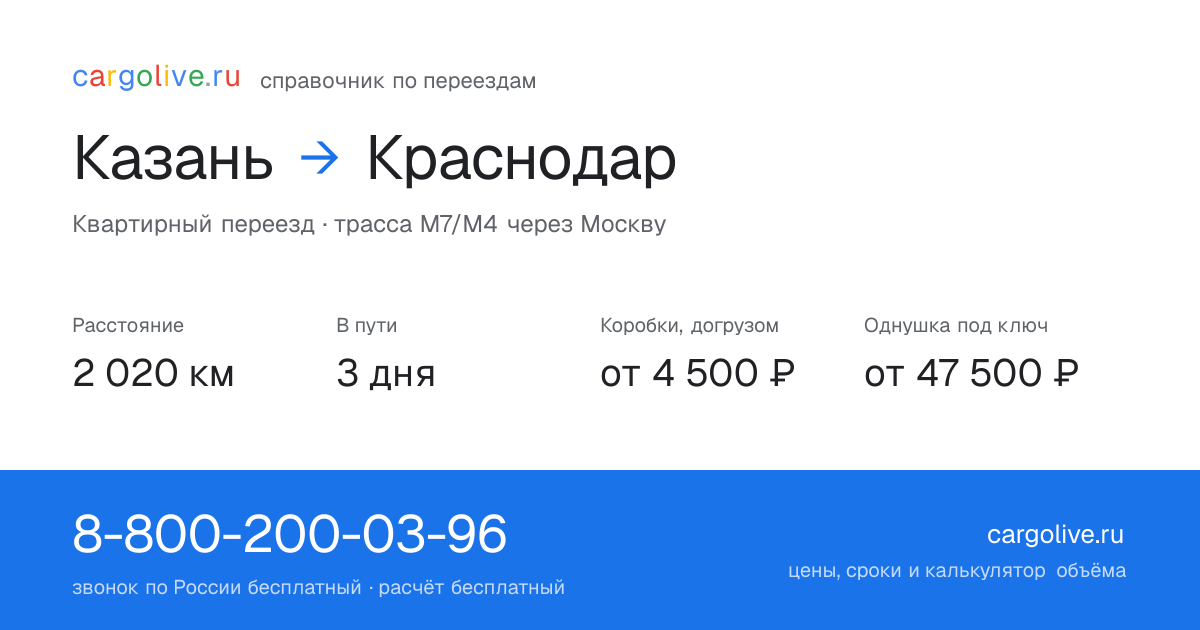Переезд из Казани в Краснодар: 2 020 км, 3 дня в пути, от 4 500 ₽