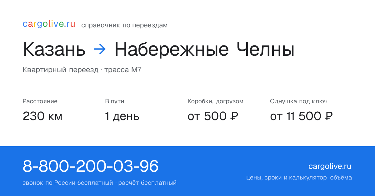 Переезд из Казани в Набережные Челны: 230 км, 1 день в пути, от 2 000 ₽